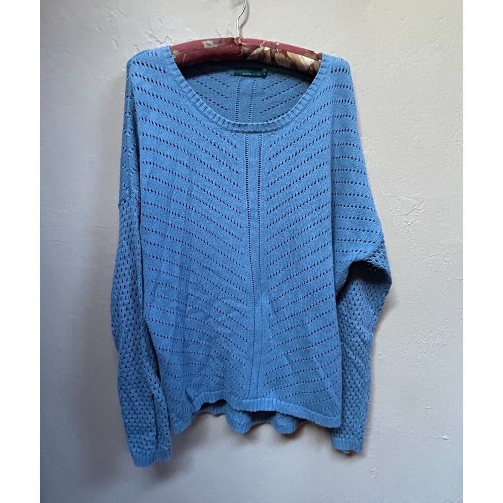 Prana Womens Blue Pullover Dolman Sleeves Sweater Large Open Knit Crochet